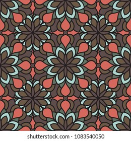 Abstract seamless backdrop. Round colorful texture in red, blue and brown colors. Mandala background