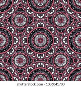 Abstract seamless backdrop. Round colorful texture in gray, red and white colors. Mandala background