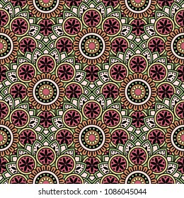 Abstract seamless backdrop. Round colorful texture in green, red and white colors. Mandala background