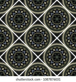 Abstract seamless backdrop. Round colorful texture in green, gray and white colors. Mandala background. Oriental tile pattern for design