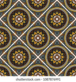 Abstract seamless backdrop. Round colorful texture in green, yellow and white colors. Mandala tile background. Oriental pattern for design