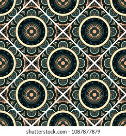 Abstract seamless backdrop. Round colorful texture in blue, black, gray and white colors. Mandala background. Oriental pattern for design