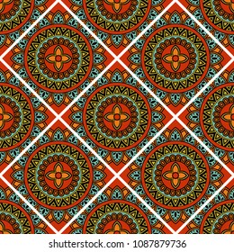 Abstract seamless backdrop. Round colorful texture in blue, red and yellow colors. Mandala tile background. Oriental pattern for design