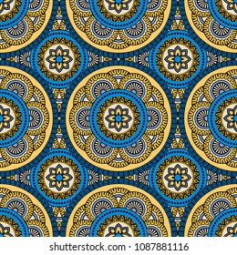 Abstract seamless backdrop. Round colorful texture in blue and yellow colors. Mandala background. Oriental pattern for design