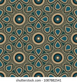 Abstract seamless backdrop. Round colorful texture in beige, gray and blue colors. Mandala background. Oriental pattern for design