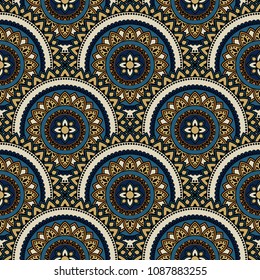 Abstract seamless backdrop. Round colorful texture in blue and brown colors. Mandala background. Oriental pattern for design