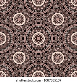 Abstract seamless backdrop. Round colorful texture in dusty rose, black and white colors. Mandala background. Oriental pattern for design