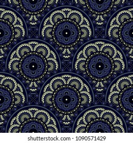 Abstract seamless backdrop. Round colorful texture in green and blue colors. Mandala background. Oriental pattern for design