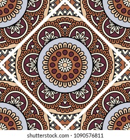 Abstract seamless backdrop. Round colorful texture in brown and gray colors. Mandala background. Oriental pattern for design