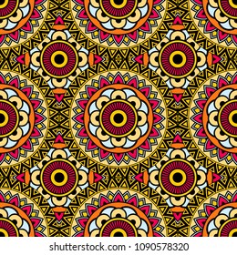 Abstract seamless backdrop. Round colorful texture in yellow and red colors. Mandala background. Oriental pattern for design