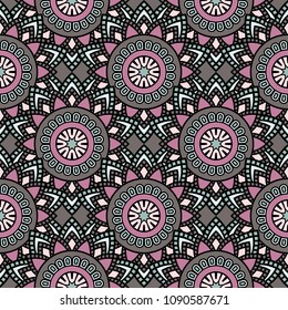 Abstract seamless backdrop. Round colorful texture in lilac, blue and gray colors. Mandala background. Oriental pattern for design