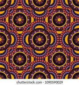 Abstract seamless backdrop. Round colorful texture in violet, red and yellow colors. Mandala background. Oriental pattern for design