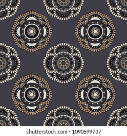 Abstract seamless backdrop. Round colorful texture in gray, beige and blue colors. Mandala background. Oriental pattern for design