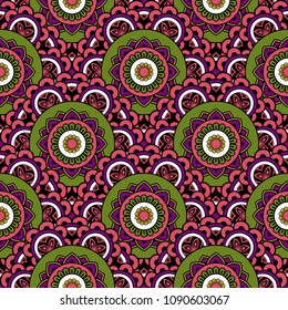 Abstract seamless backdrop. Round colorful texture in green and pink colors. Mandala background. Oriental pattern for design