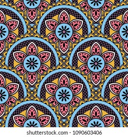 Abstract seamless backdrop. Round colorful texture in violet, blue and yellow colors. Mandala background. Oriental pattern for design