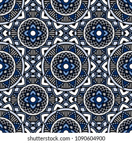Abstract seamless backdrop. Round colorful texture in gray, blue and white colors. Mandala background. Oriental pattern for design