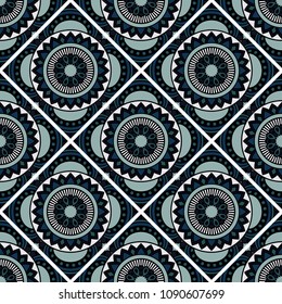 Abstract seamless backdrop. Round colorful texture in green and blue colors. Mandala tile background. Oriental pattern for design