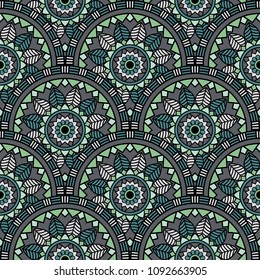 Abstract seamless backdrop. Round colorful texture in green and gray colors. Mandala background. Oriental pattern for design