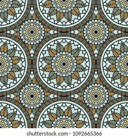 Abstract seamless backdrop. Round colorful texture in green, yellow and blue colors. Mandala background. Oriental pattern for design