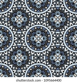 Abstract seamless backdrop. Round colorful texture in blue and gray colors. Mandala background. Oriental pattern for design