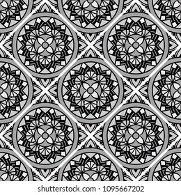 Abstract seamless backdrop. Round colorful texture in gray, black and white colors. Mandala background. Oriental pattern for design