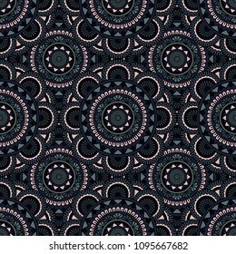 Abstract seamless backdrop. Round colorful texture in dark blue, rose and black colors. Mandala background. Oriental pattern for design