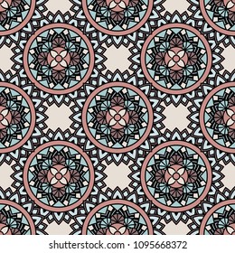 Abstract seamless backdrop. Round colorful texture in blue, rose and lilac colors. Mandala background. Oriental pattern for design
