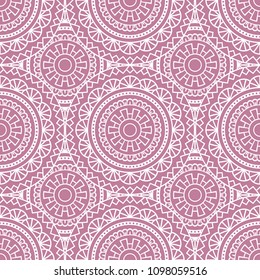 Abstract seamless backdrop. Round colorful texture in dusty pink and white colors. Mandala background. Oriental pattern for design