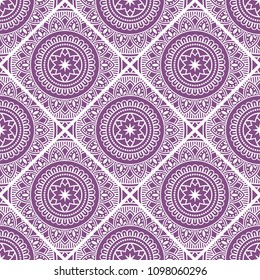 Abstract seamless backdrop. Round colorful texture in lilac and white colors. Mandala background. Oriental pattern for design