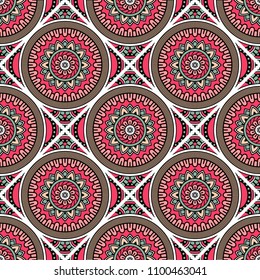 Abstract seamless backdrop. Round colorful texture in red and gray colors. Mandala background. Oriental pattern for design. Tile illustration