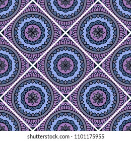 Abstract seamless backdrop. Round colorful texture in blue and violet colors. Mandala background. Oriental tile pattern for design