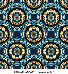 Abstract seamless backdrop. Round colorful texture in blue and golden colors. Mandala background. Oriental pattern for design