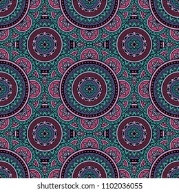 Abstract seamless backdrop. Round colorful texture in turquoise and rose colors. Mandala background. Oriental pattern for design