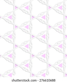 Abstract seamless background with 3D cut out of paper effect. Pattern with realistic shadow. Modern texture. Stylish backdrop.White colored paper pink triangles with clubs.