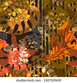 Abstract seamless background. Autumn mood. Trend collage. Plant and geometric shapes. Vector pattern. Modern illustration.