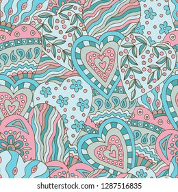 Abstract seamless background of beautiful painted doodle hearts