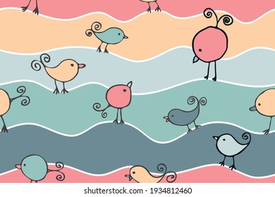 abstract seamless background with birds and waves, multicolored repeating pattern imitation of the sea or sky, vector cute bird characters