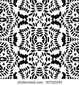 Abstract seamless background with black symbolical floral patterns on white. Vector