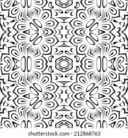 Abstract seamless background with black symbolical floral patterns on white. Vector