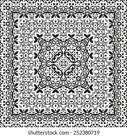 Abstract seamless background with black symbolical floral patterns on white. Vector