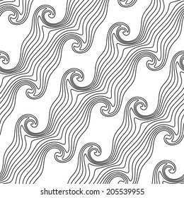 Abstract seamless background. Black and white diagonal simple wavy lines with swirls pattern. 