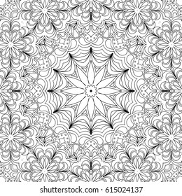 Abstract Seamless Background with Black and White Outline. Flourish Orient Ornament for Adult Coloring Page. Islamic Texture. Complex Lacy Motif