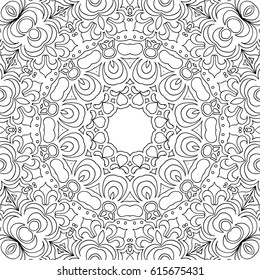 Abstract Seamless Background with Black and White Outline. Flourish Orient Ornament for Adult Coloring Page. Islamic Texture. Complex Lacy Motif
