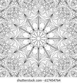 Abstract Seamless Background with Black and White Outline. Flourish Orient Ornament for Adult Coloring Page. Islamic Texture. Complex Lacy Motif