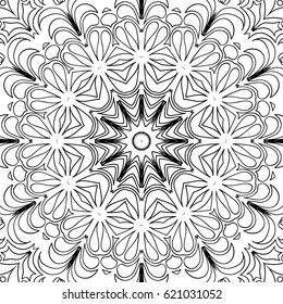 Abstract Seamless Background with Black and White Outline. Flourish Orient Ornament for Adult Coloring Page. Islamic Texture. Complex Lacy Motif