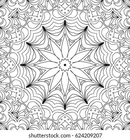 Abstract Seamless Background with Black and White Outline. Flourish Orient Ornament for Adult Coloring Page. Islamic Texture. Complex Lacy Motif