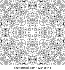 Abstract Seamless Background with Black and White Outline. Flourish Orient Ornament for Adult Coloring Page. Islamic Texture. Complex Lacy Motif