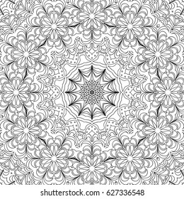 Abstract Seamless Background with Black and White Outline. Flourish Orient Ornament for Adult Coloring Page. Islamic Texture. Complex Lacy Motif
