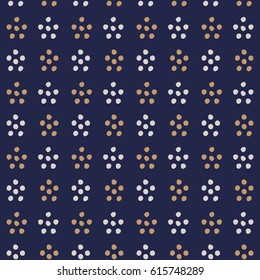 Abstract seamless background in blue, gold and white. Seamless Tribal pattern. Polka dot pattern. Fabric, textile, print. Simple folk motif. Vector background.