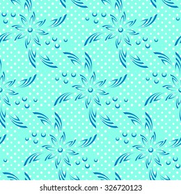 Abstract Seamless Background with Blue Silhouette Flowers on Green, Symbolical Pattern. Vector